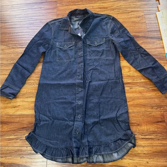 NWT TOMMY HILFIGER Dark Blue Denim Shirt Button Down Ruffle Hem Dress Size 8 - Picture 4 of 7